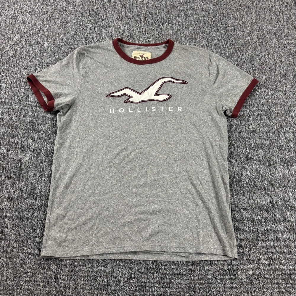 Preppy Y2K Hollister Surf Ringer T-Shirt Grey Burgundy Medium Skater